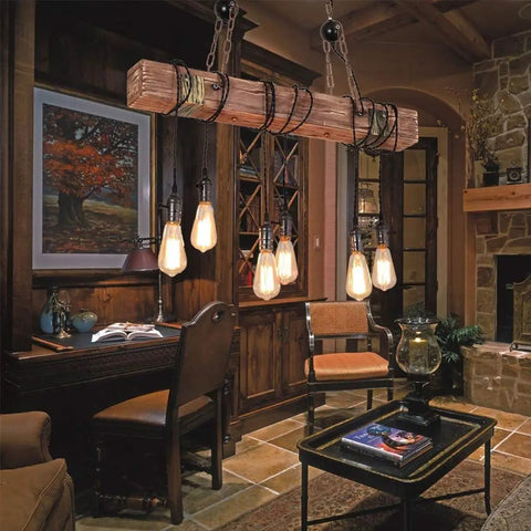 Rustic Farmhouse Chandelier For Dining Room Industrial Pendant Light With Six E26 Bulb Sockets Adjustable Suspension Hanging Fixture With Switches Vintage Warm Glow in wood and metal over cozy living space