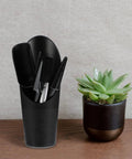 5 Piece Succulent Plant Tools Set For Transplanting And Planting, Mini Garden Hand Tools, Black Gardening Kit For Indoor Succulent Care And Bonsai Maintenance, Lightweight And Easy To Carry, black plastic tools beside potted succulent