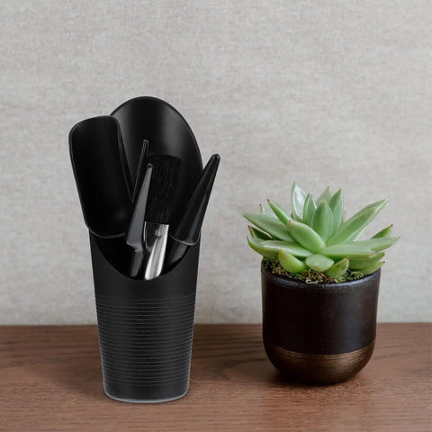 5 Piece Succulent Plant Tools Set For Transplanting And Planting, Mini Garden Hand Tools, Black Gardening Kit For Indoor Succulent Care And Bonsai Maintenance, Lightweight And Easy To Carry, black plastic tools beside potted succulent