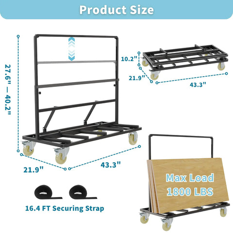 Heavy Duty Folding Drywall Cart Dolly With 1800 Lbs Capacity For Panels Plywood Lumber And Glass, Adjustable Handle Height For Easy Push On The Job, Steel Frame Black, A Real Workhorse For On Site Construction And Warehouse, 43.3 x 21.9 in cart with 27.6-40.2 in handle