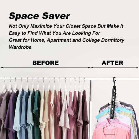 Comparison of clothing rack before and after using Six Pack Space Saving Closet Hangers For Dorm Rooms, showing increased space.