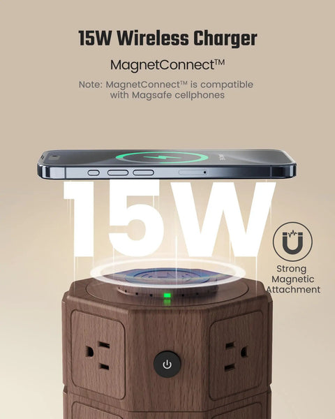 Power Strip Surge Protector Tower With 15W Wireless Charger 13A Charging Station 1050J Surge Protection 8 AC Outlets