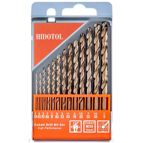 Pro Grade Cobalt Drill Bit Set Thirteen Piece M35 HSS Twist Bits for Hardened Metal Stainless Steel Cast Iron