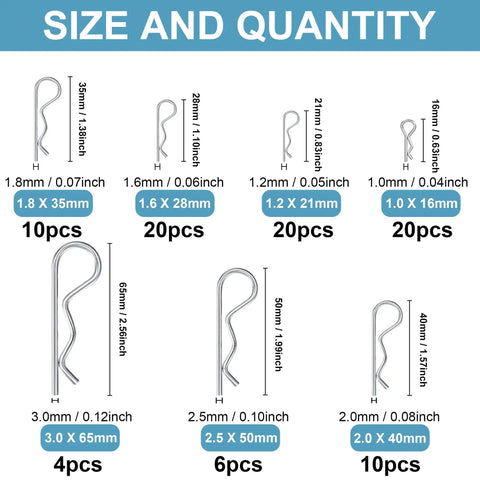 200 Piece Cotter Pin Hairpin R Clips Set In 304 Stainless Steel Assorted 13 Sizes Chart with Quantity