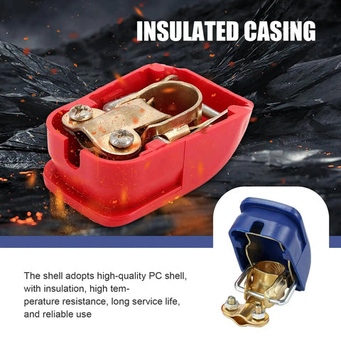 Close-up of 2 Pack Quick Release Battery Terminal Connectors with red and blue covers showing insulated casing.