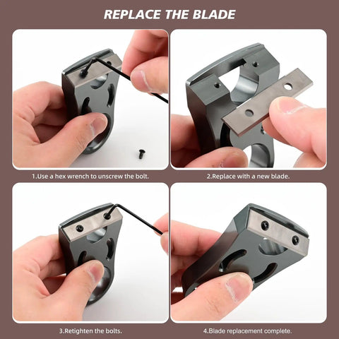 Close-up of hands replacing blade on Deburring and Vinyl Trimming Tool for Metal Resin Aluminum Copper Plastic 3D Printing Wood Acrylic
