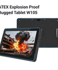 Top Tier ATEX Certified Explosion Proof Rugged Tablet 10 1 Inches Built Like A Tank For Hazardous Work Zones With Hella Tough Ip68 Shielding And Rock Solid Intel N5105 Specs Running Windows 11 with explosion scene on screen.