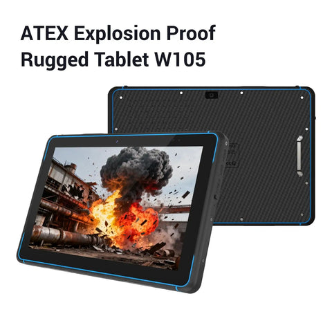 Top Tier ATEX Certified Explosion Proof Rugged Tablet 10 1 Inches Built Like A Tank For Hazardous Work Zones With Hella Tough Ip68 Shielding And Rock Solid Intel N5105 Specs Running Windows 11 with explosion scene on screen.
