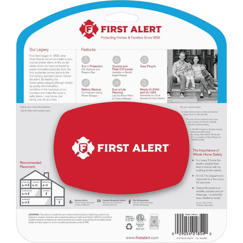 Back of Combo Explosive Gas And Carbon Monoxide Alarm With Backlit Digital Display That Detects Propane Natural Gas Methane And CO AC Plug In With Battery Backup Remote Mute Easy Setup GCO1CN package showing features.