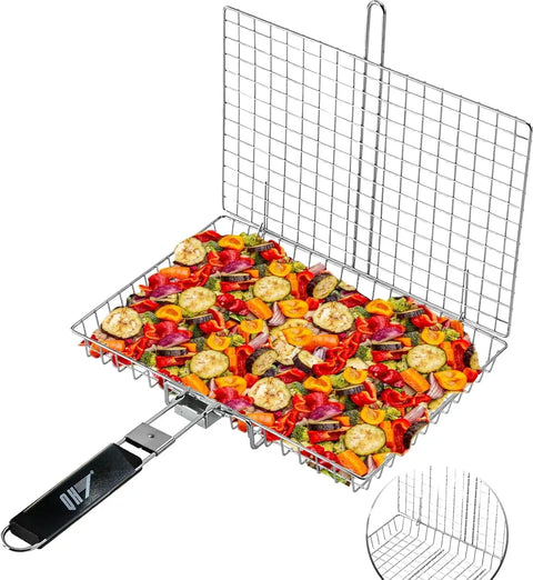 Portable Stainless Steel BBQ Grill Basket With Folding Handle For Camping Perfect For Fish Shrimp Veggies And More Heavy Duty Mesh