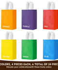 Kraft Gift Bags With Handles Bulk Pack 24 Small Party Favor Bags In 6 Colors, 5.8 By 3.2 By 8.25 Inches, displayed in orange, purple, red, yellow, green, and blue.