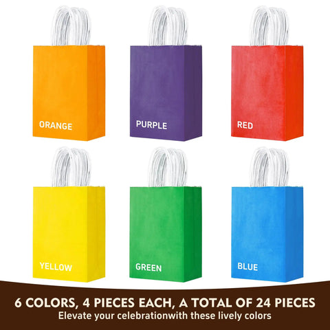 Kraft Gift Bags With Handles Bulk Pack 24 Small Party Favor Bags In 6 Colors, 5.8 By 3.2 By 8.25 Inches, displayed in orange, purple, red, yellow, green, and blue.