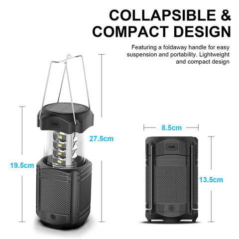 Camping Lantern With 5000mAh Solar Hand Crank Telescopic LED Flashlight And USB Charger for Power Outages, compact and collapsible design.