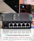 Industrial Grade Mini Gigabit Ethernet Switch With SFP Slot, Din Rail Mount, front angled view, showing five 1000Mbps RJ45 ports