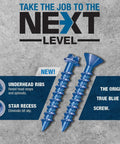 Concrete screws with underhead ribs and star recess featuring blue coating, promoting durability and secure fastening in masonry.