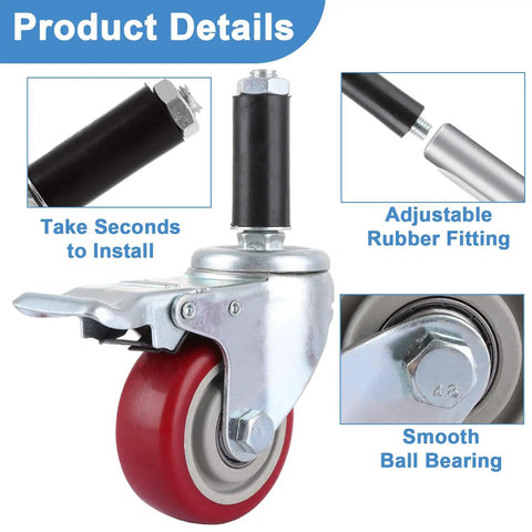 Close-up of Four Pack Heavy Duty Prep Table Wheels featuring smooth polyurethane tread and adjustable stem fitting.