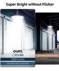 Comparison of UFO LED High Bay Lights 200W 30000 Lumens 5000K Six Pack With Plug showing bright and dim lighting in warehouse.