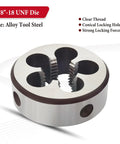 5/8x18 UNF Round Threading Die For Right Hand Threads, Shop Grade Heavy Duty Alloy Tool Steel With 2A Accuracy, front view
