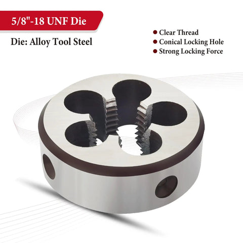 5/8x18 UNF Round Threading Die For Right Hand Threads, Shop Grade Heavy Duty Alloy Tool Steel With 2A Accuracy, front view