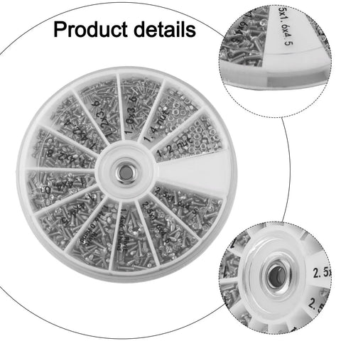 600 Piece Mini Screw And Nut Repair Kit With A Handy 3 Way Screwdriver Stainless Steel Fasteners For Watch Eyeglasses Phone Camera And Electronics Repair In A Compact Organized Case in a round plastic container with compartments.