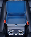 Heavy Duty Metal Tool Box Pair In Blue Thick Iron Construction With Sturdy Latches Portable Trunk Storage For Your Ride Or Home Workshop Solid Setup, open toolbox on car seat.