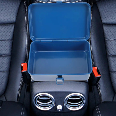 Heavy Duty Metal Tool Box Pair In Blue Thick Iron Construction With Sturdy Latches Portable Trunk Storage For Your Ride Or Home Workshop Solid Setup, open toolbox on car seat.