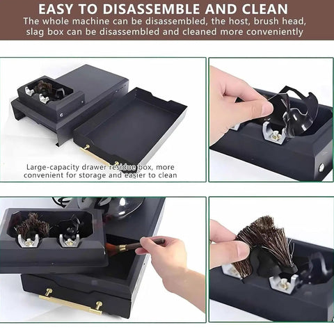 Electric Automatic Knock Box Cleaner Straight Up Setup For Baristas Featuring 58mm Portafilter Compatibility shown disassembled for easy cleaning.