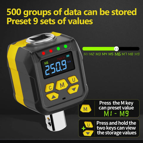 Pro Grade Digital Torque Adapter Set With 1/2 Inch Drive And 1/4 And 3/8 Socket Adapters, ISO 6789 Certified Plus/Minus 2 Percent Accuracy, 12 to 250 ft-lb/17 to 340 Nm, High Visibility Color Display With Audible Alerts And Overtightening Protection, digital torque adapter with preset M1-M9 buttons
