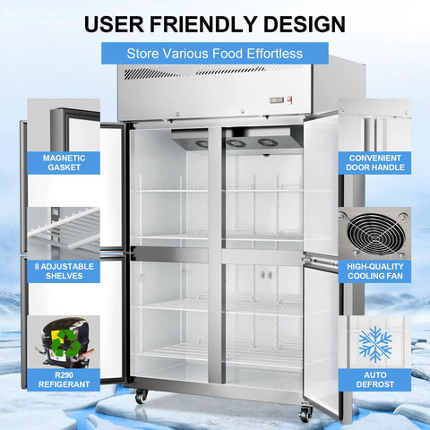 Heavy Duty Four Door Commercial Refrigerator With Stainless Steel Reach In Build and Fast Fan Cooling. Features 8 adjustable shelves and R290 refrigerant.