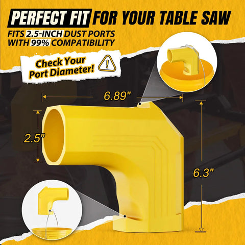 Table Saw Dust Collector Adapter For DWE7485 2.5 Inch Port Snap On Design detailed size dimensions and compatibility text