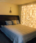 Bedroom with pink curtain lights eight modes with memory function for window decor six point six feet by six point six feet LED fairy string lights.