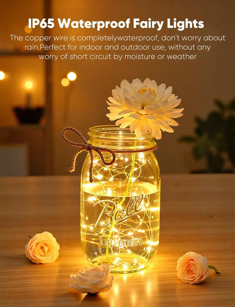 14 Pack Battery Operated LED Fairy Lights On 7ft Silver Wire Waterproof Twinkle String Lights With 20 LEDs Firefly Moon Star Glow For Mason Jars DIY Christmas Wedding Party Bedroom Decor displayed in a mason jar