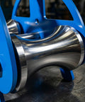 Close-up of Heavy Duty Cable Puller Sheave with stainless steel rollers on blue powder-coated steel frame, for rugged material handling.
