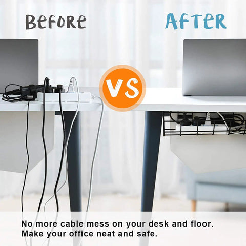 Under Desk Cable Management Tray 2 Pack Heavy Duty Metal Wire Cord Organizer Before and After Setup