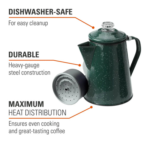 Green enamel Percolator Coffee Pot For Campfire Brewing with detachable filter, showing durability and dishwasher-safe features.