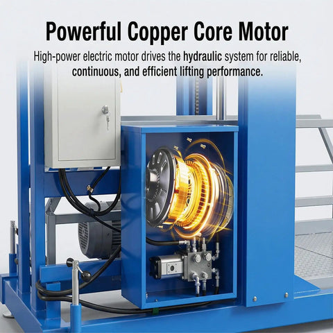 Heavy Duty Mobile Electric Hydraulic Loading Platform With 2 Ton 4400 Lb Capacity showing powerful copper core motor for efficient lifting.