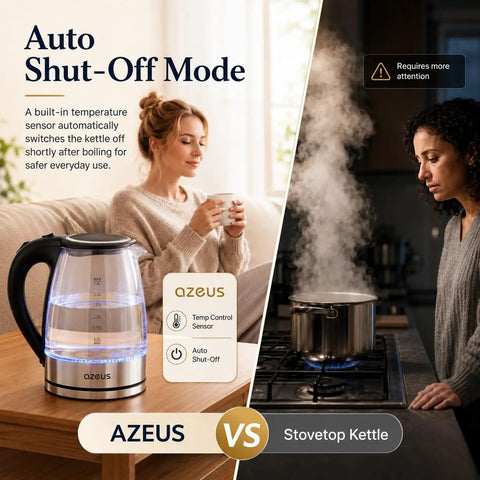 Image comparing an Azeus electric kettle with auto shut-off feature on a kitchen counter to a stovetop kettle boiling water.
