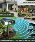Solar Powered Deer Repellent For Plants And Gardens, Ultrasonic Animal Deterrent With LED Strobe And Adjustable Frequency, Outdoor Garden Pest Control That Keeps Deer And Critters Away From Your Landscaping, green unit on stake in garden