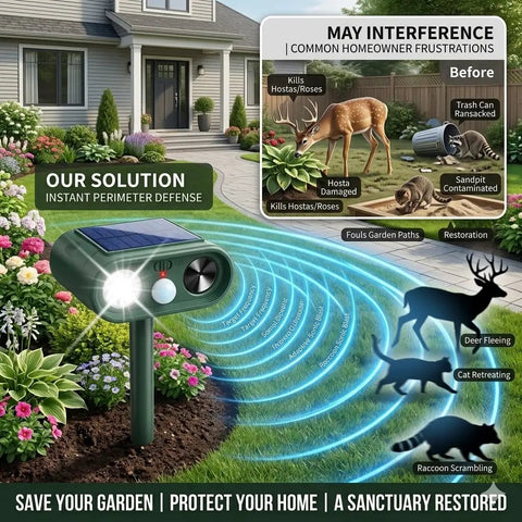 Solar Powered Deer Repellent For Plants And Gardens, Ultrasonic Animal Deterrent With LED Strobe And Adjustable Frequency, Outdoor Garden Pest Control That Keeps Deer And Critters Away From Your Landscaping, green unit on stake in garden