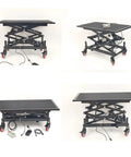 Heavy Duty Electric Scissor Lift Table With Smooth Hydraulic Platform For Warehouses And Factories That Handles 396 Lbs Loads With Ease While Offering 360 Degree Mobility Via Locking Casters For Serious Material Handling Jobs, view from multiple angles showing hydraulic mechanism and wheels.