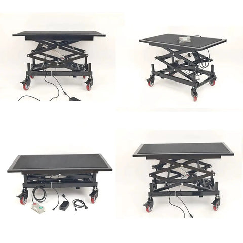 Heavy Duty Electric Scissor Lift Table With Smooth Hydraulic Platform For Warehouses And Factories That Handles 396 Lbs Loads With Ease While Offering 360 Degree Mobility Via Locking Casters For Serious Material Handling Jobs, view from multiple angles showing hydraulic mechanism and wheels.