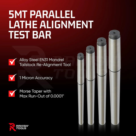 5MT Parallel Lathe Alignment Test Bar with EN31 Alloy Steel Mandrel for Tailstock, 1 Micron Accuracy, Pro Grade.
