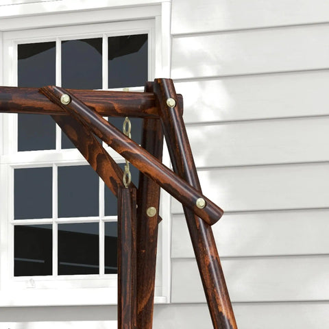 Wooden Porch Swing With Stand Two Seat Patio Swing Chair With Center Table For Garden Poolside Backyard Outdoor Adirondack Rustic Fir Log Design With Carbonized Finish showing A-frame detail.