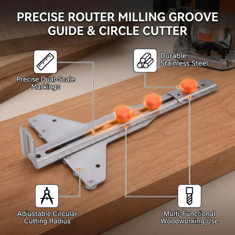 Solid Core Stainless Steel Router Milling Groove Bracket And Knockout Circle Cutting Jig With Crisp Dual Scale Markings for precise cutting guide.