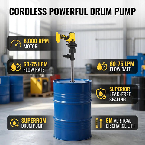 Heavy Duty Electric Drum Pump 8000Rpm Lithium Powered 60-75Lpm High Flow For Water Oil Transfer Stainless Steel Pipe Industrial Workshop Grade