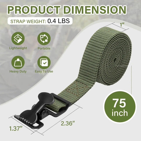 Image showing a 75-inch green Beefy Tree Stand Strap for Climbing Stands Hang On Stabilizer Straps with buckle, 1-inch wide.
