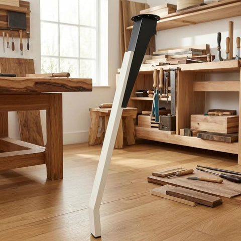 Adjustable Metal Desk Leg With Tapered Angled Profile And Built In Cable Management Pass Through For A Clean Home Office Setup Heavy Duty Study Table Support Leg Diamond Black shown in a woodworking studio.