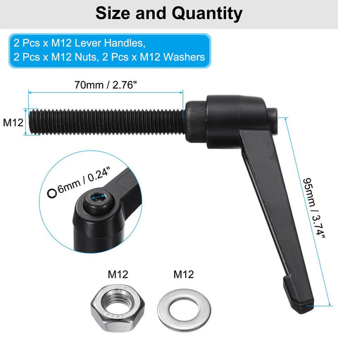 2 Pack Adjustable Lever Handles With M12 By 70mm Metric Male Thread Nuts And Washers, black rotating screw and locking lever focus