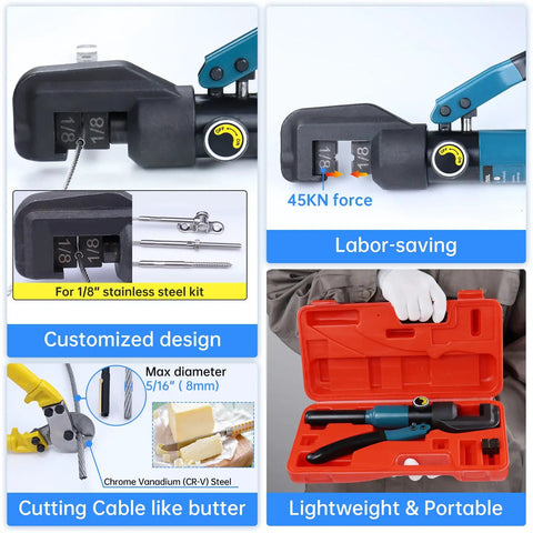 Hydraulic Hand Crimper For Stainless Steel Cable Railing Fittings One Eighth Inch Cable Swaging Tool With 45KN Crimp Force CR09