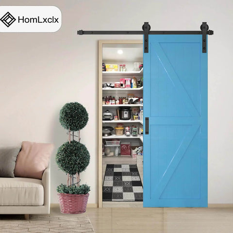 Heavy Duty Sliding Barn Door Kit With Five Foot Track Built To Last 350 Lb Capacity For Doors From One And Three Eighths Inches To One And Three Quarters Inches Thick Fits 28 To 30 Inch Wide Single Doors Includes Two Handles Adjustable Floor Guide And installed in a living room with blue door